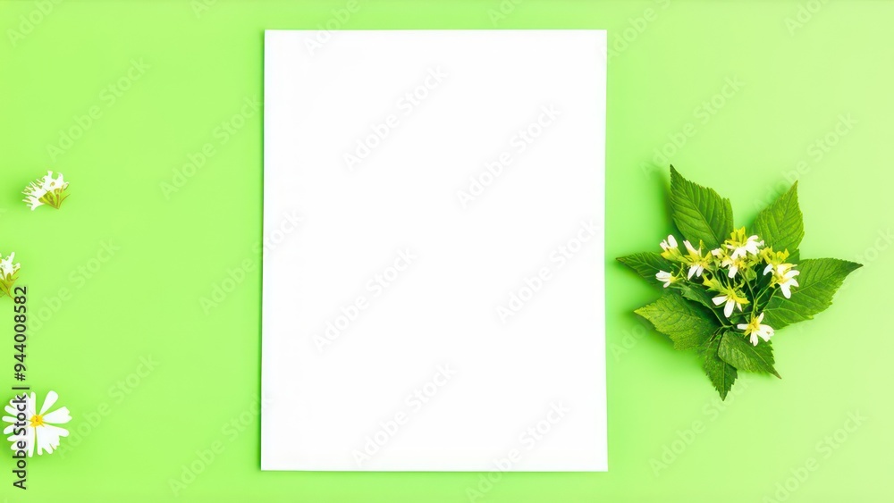 White sheet of paper on a light green background with spring leaves and flowers White sheet of paper on a light green background with spring leaves and flowers