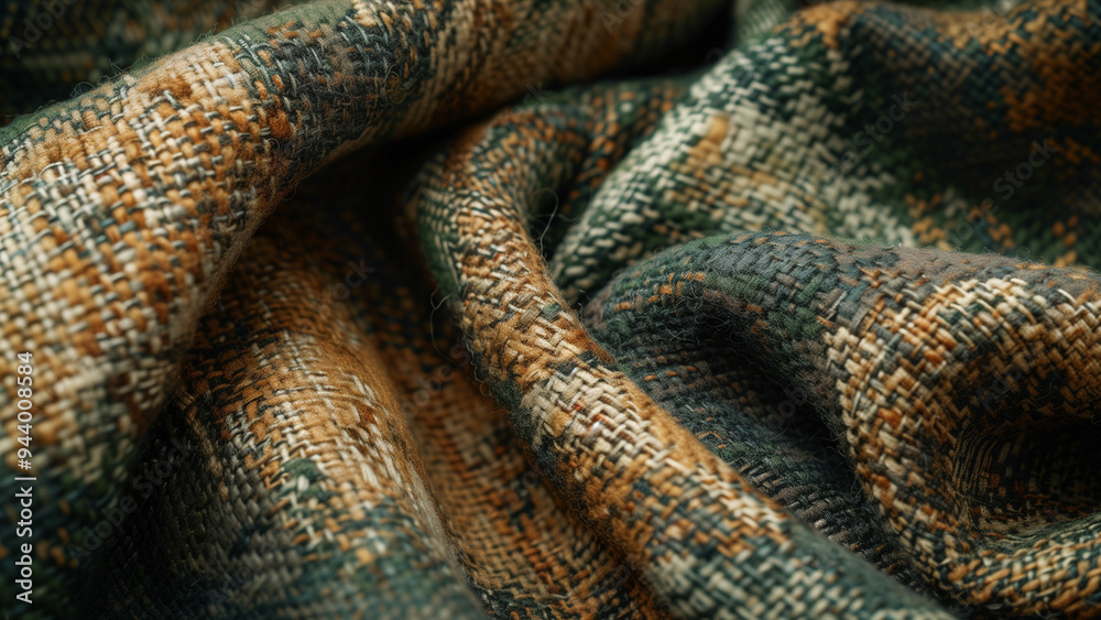 Close-up of woven fabric with earthy tones in brown, green, and beige, ideal for backgrounds and texture design Close-up of woven fabric with earthy tones in brown, green, and beige, ideal for backgrounds and texture design
