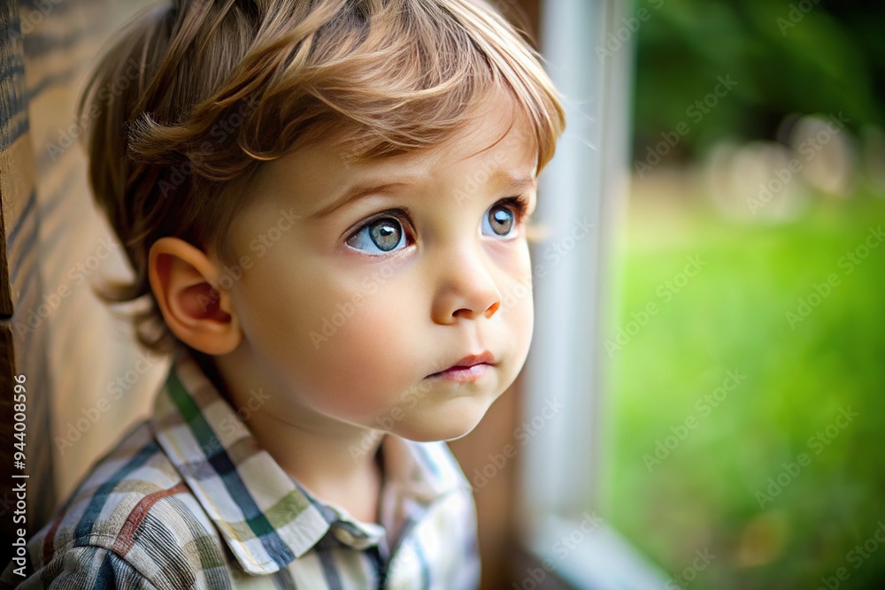 Adorable little boy with curious expression stares intently at something outside the frame, his bright eyes and furrowed brow conveying deep concentration and wonder.