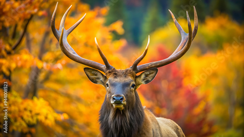 Fototapeta Naklejka Na Ścianę i Meble -  Autumnal forest with vibrant foliage in the background; likely a mountainous or woodland environment.