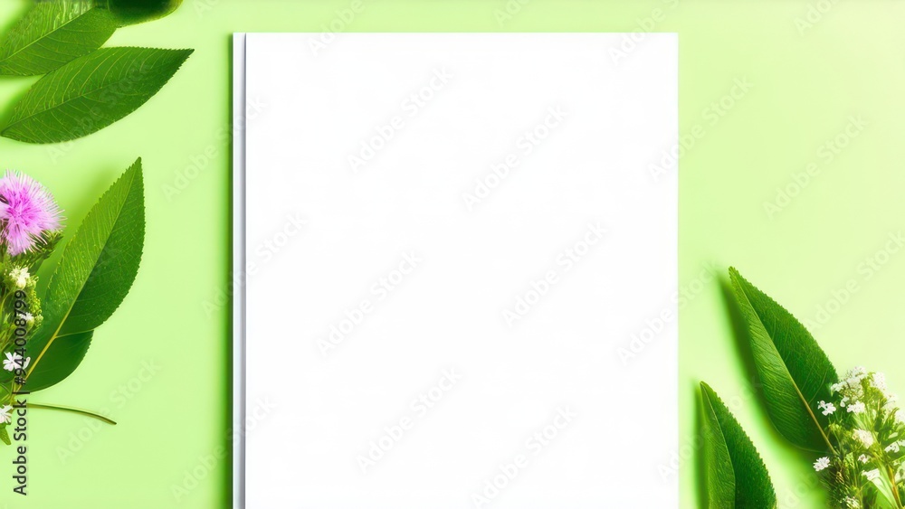 White sheet of paper on a light green background with spring leaves and flowers