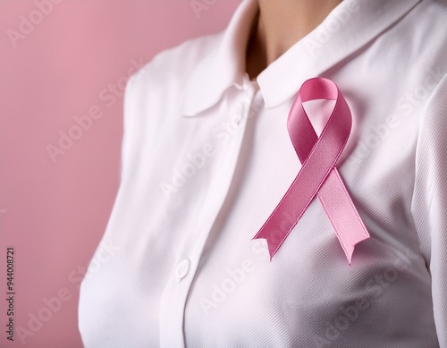 pink ribbon pinned to a white shirt, with a soft pink background emphasizing the message of hope - breast cancer awareness