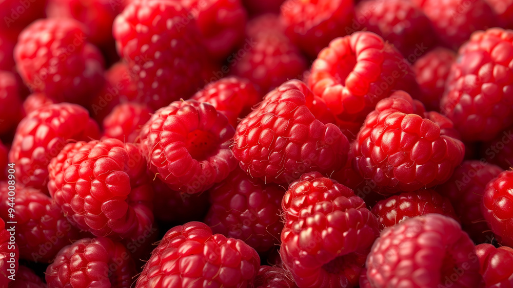 Close-up of fresh ripe raspberries, highlighting their vibrant red color and detailed texture. Ideal for food and nutrition projects. Close-up of fresh ripe raspberries, highlighting their vibrant red color and detailed texture. Ideal for food and nutrition projects.