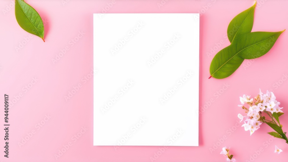 Fototapeta premium White sheet of paper on a light pink background with spring leaves and flowers 
