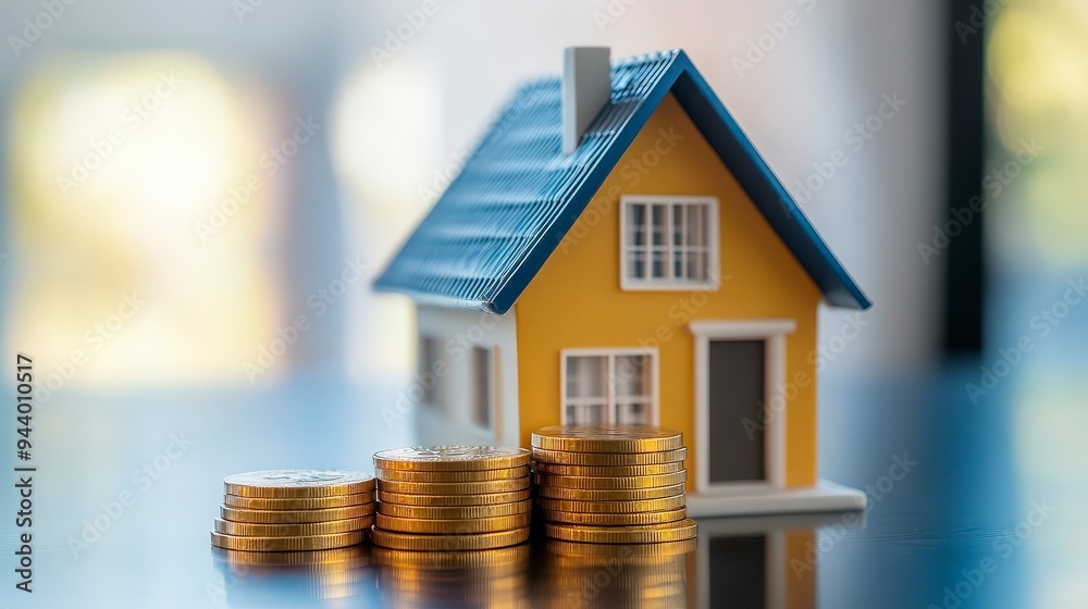 A miniature house model beside stacks of coins, symbolizing real estate investment. A miniature house model beside stacks of coins, symbolizing real estate investment.