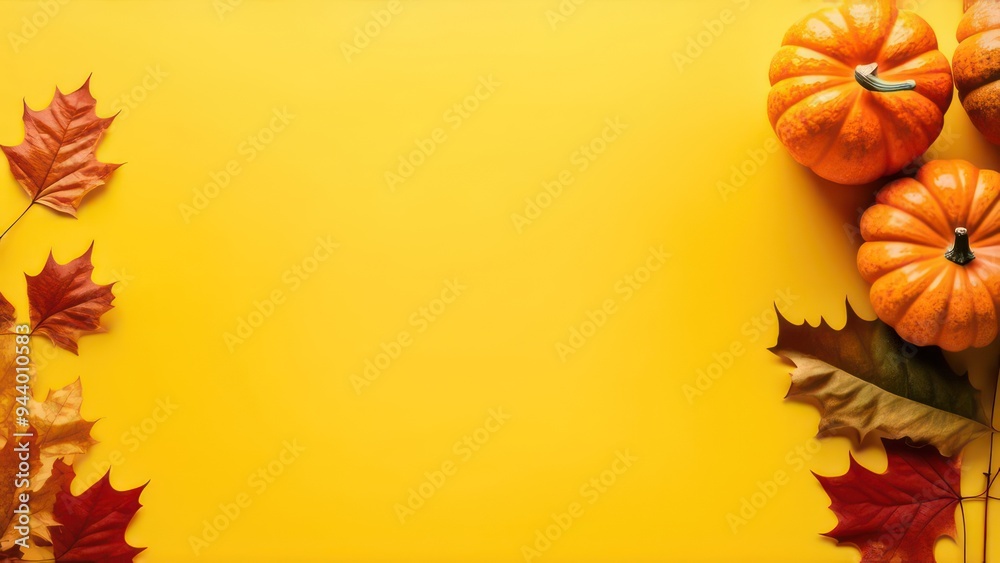 White sheet on an yellow background with autumn leaves and pumpkins White sheet on an yellow background with autumn leaves and pumpkins