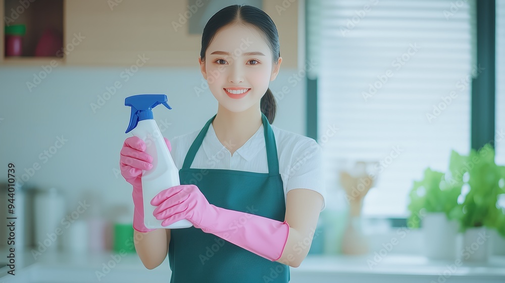 Smiling Woman Cleaning Kitchen with Spray Bottle and Gloves Smiling Woman Cleaning Kitchen with Spray Bottle and Gloves