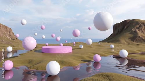 a serene and surreal landscape with a body of water reflecting the sky and clouds. There are numerous spherical objects floating on the water's surface, with one large, flat, rectangular object partia photo