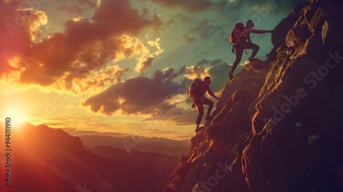 Silhouette of people hiking up on the top of the mountain, sun set sky, endurance, persistence, resilience, motivation banner, wallpaper HD