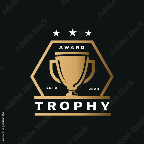 Award trophy logo with elegant design of gold colored trophy in hexagon shape, accompanied by three stars. This logo is perfect for use in award events, competitions