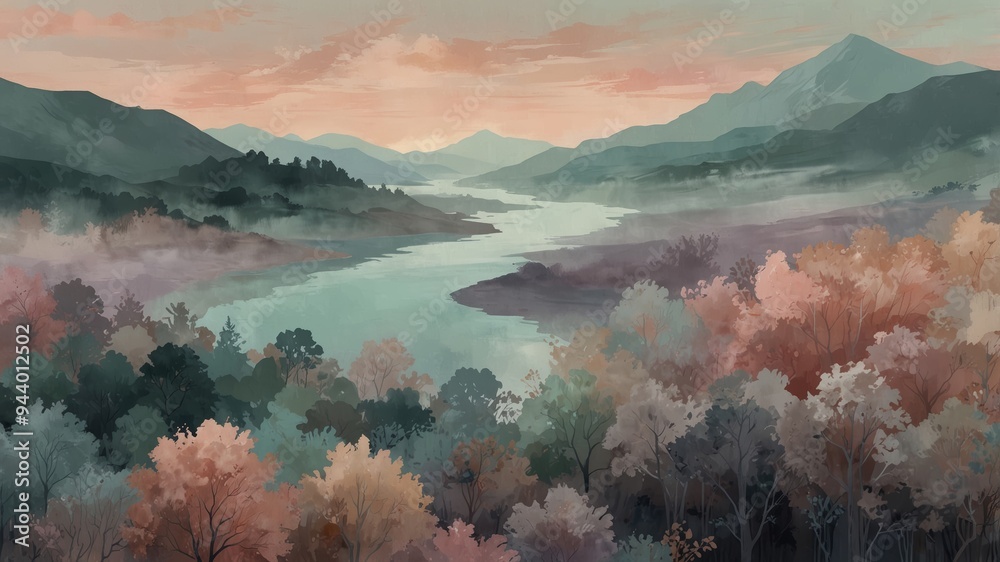 Fototapeta premium A serene landscape features an expansive river winding through mist covered mountains and richly colored autumnal trees at dawn