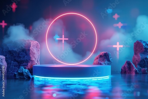 A blue and red glowing circle is on a stage with a blue background