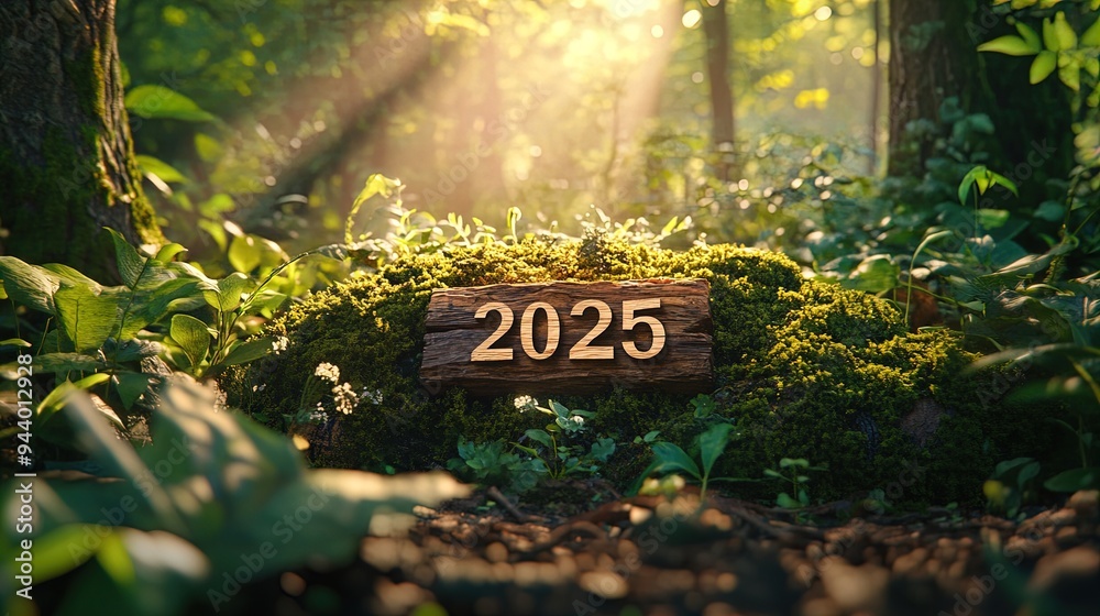 Woodland Serenity: '2025' Stylized Wooden Characters on Mossy Log - Perfect for Nature-Inspired Sports Interior Posters