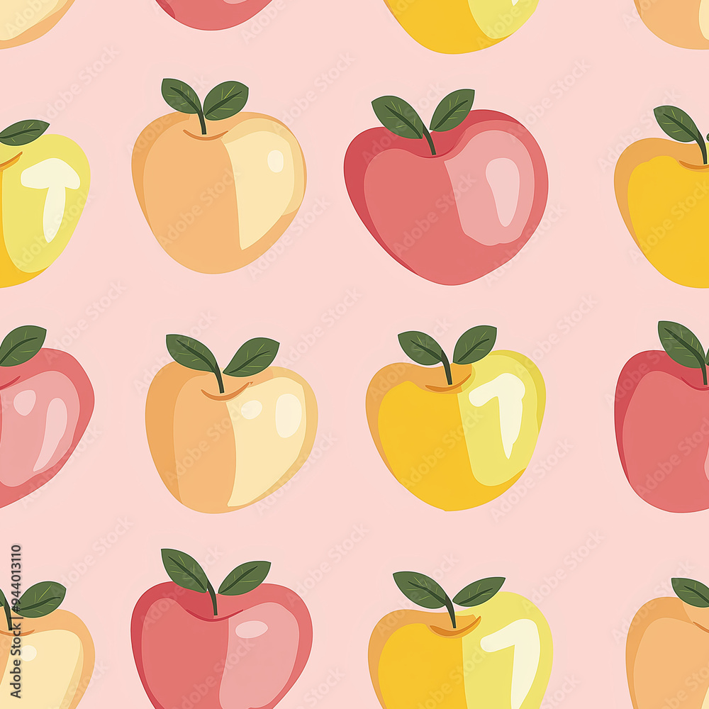 Flat design hand drawn seamless pattern with apples. Red color tones