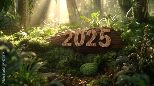 Woodland Serenity: '2025' Stylized Wooden Characters on Mossy Log - Perfect for Nature-Inspired Sports Interior Posters