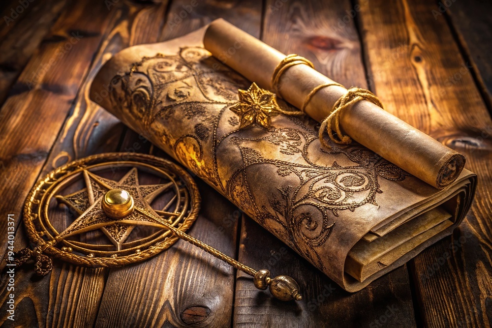 Ancient parchment scroll sealed with wax and twine, adorned with intricate golden filigree and mysterious symbols, lying on a worn, wooden, ornate desk surface. Ancient parchment scroll sealed with wax and twine, adorned with intricate golden filigree and mysterious symbols, lying on a worn, wooden, ornate desk surface.