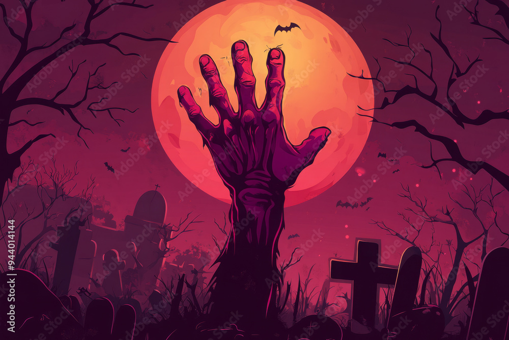 Scary zombie hand rising from grave in front of full moon at night. Halloween concept Scary zombie hand rising from grave in front of full moon at night. Halloween concept