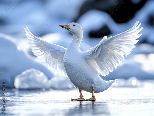 The image of a white duck with its wings spread, preparing to fly, on a frozen lake surrounded by snow.