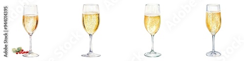 A glass of Prosecco with bubbles, Italian sparkling wine, watercolor illustration, elegant and crisp, isolated on white background