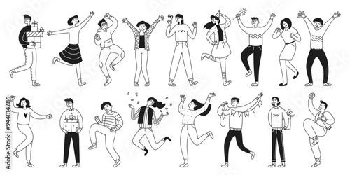 Big set of celebrating people. Collection with joyful jumping men and women celebrating an event or ceremony. Outline, line. Vector doodle illustration