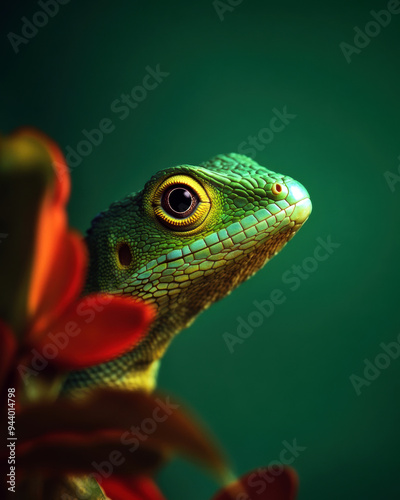 This striking image captures the detailed features of a green lizard, partially hidden among lush foliage, showcasing its vibrant colors and captivating gaze against a rich green backdrop.