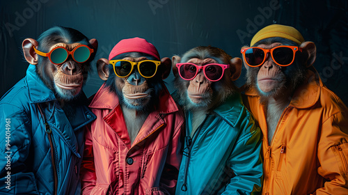 Four monkeys, each wearing colorful jackets and sunglasses, are posed together, creating a humorous and playful scene.