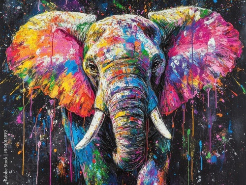 A stunning, colorful portrayal of an elephant with vibrant splashes of paint showcasing its grandeur and charm against a dark background. A perfect blend of nature and artistry. photo