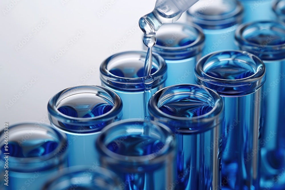 A row of blue test tubes with liquid in them A row of blue test tubes with liquid in them