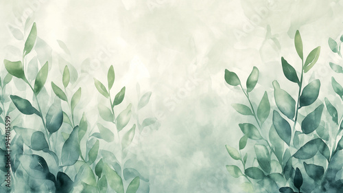 Calming Greenery Watercolor Background With Leafy Stems,watercolor illustration featuring lush green leaves and soft, blurred backgrounds