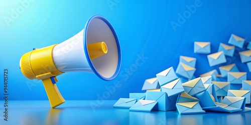 3D Rendered Yellow and Blue Megaphone Announcing Blue Envelopes on a Blue Background - Email Marketing Concept photo