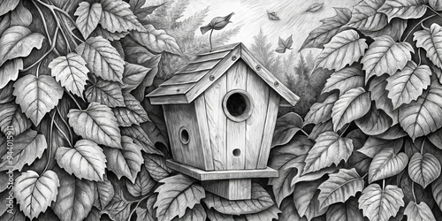 A Birdhouse Hidden Among the Leaves - Pencil Drawing of a birdhouse in a forest setting with detailed leaves and a bird flying photo