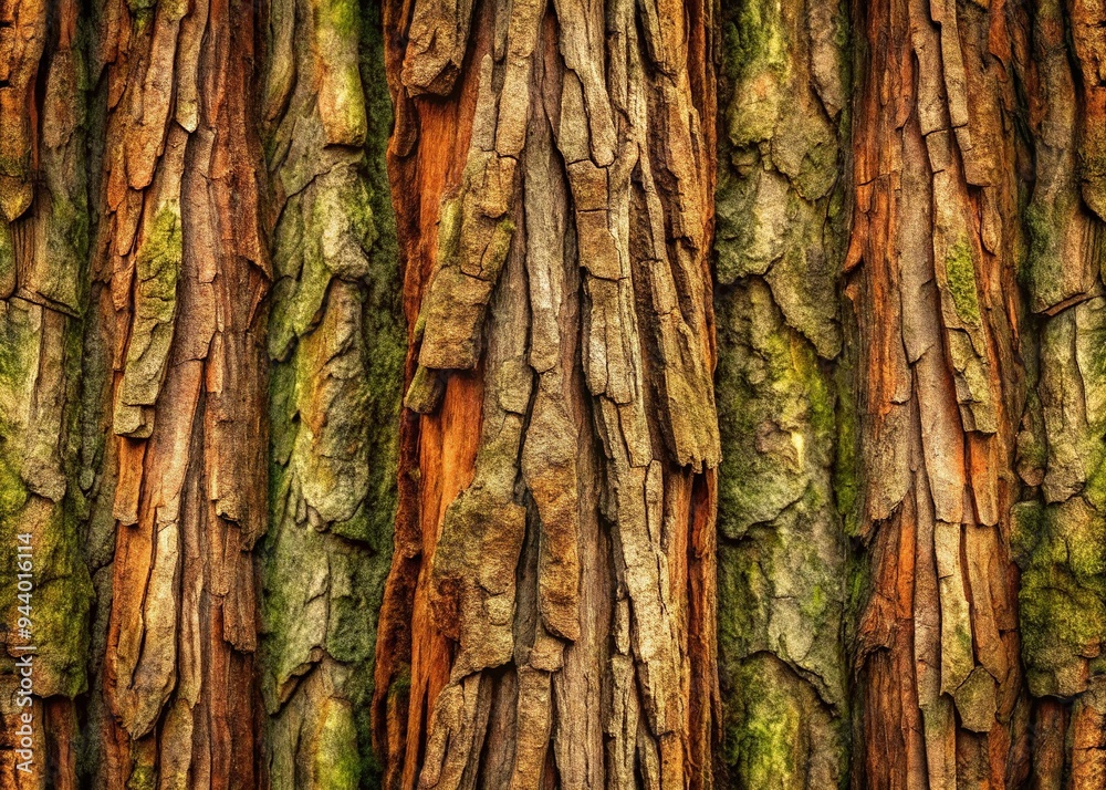 Ancient Woodland Whispers: Seamless, highly detailed tree texture with aged bark, muted colors, mood of mystery and awe, concept of timeworn legacy.