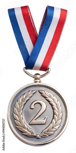 A silver medal with the number 2 written on it. isolated white background