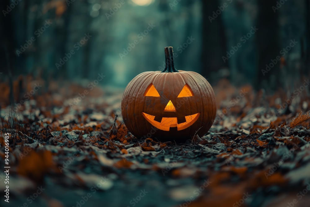 A carved pumpkin lantern with a glowing face, sitting on a leaf-covered forest floor in the twilight. A carved pumpkin lantern with a glowing face, sitting on a leaf-covered forest floor in the twilight.