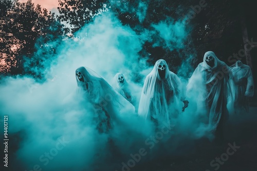 Multiple ghost figures emerging from thick smoke, creating a spooky and chilling atmosphere in the dark forest at dusk.