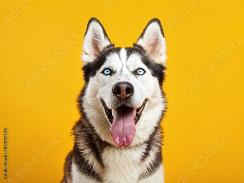 Happy siberian husky with bright blue eyes posing against vibrant yellow background