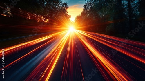 Fast-moving stripes and glowing lines creating a sense of motion and speed, with bright sun flare in the background, suggesting innovation and progress.