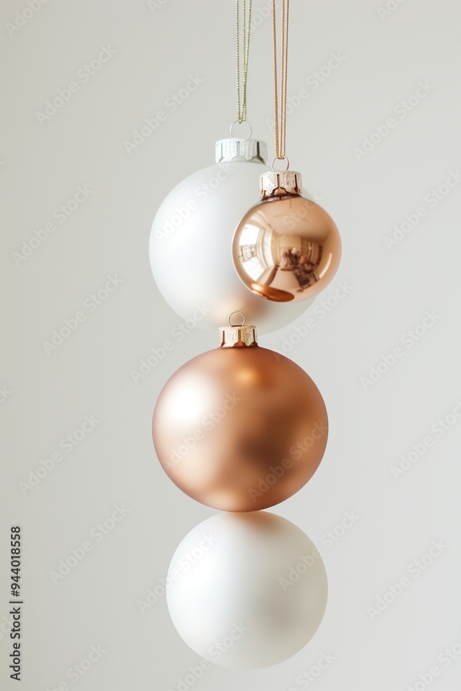 Christmas baubles in white and copper colors hanging against plain background Christmas baubles in white and copper colors hanging against plain background