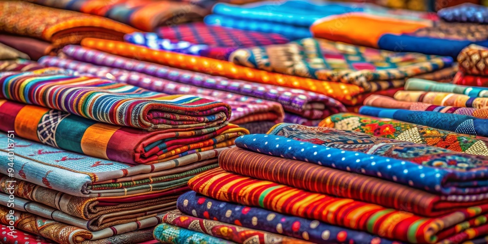 A Vibrant Tapestry of Fabrics Close-up of Stacked Colorful Textiles in an Indian Market