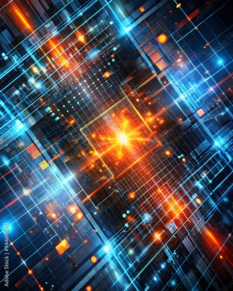 Digital Horizon: A Burst of Innovation - Abstract blue and orange cityscape of data and light streaks conveying technological advancement and the future. Digital Horizon: A Burst of Innovation - Abstract blue and orange cityscape of data and light streaks conveying technological advancement and the future.