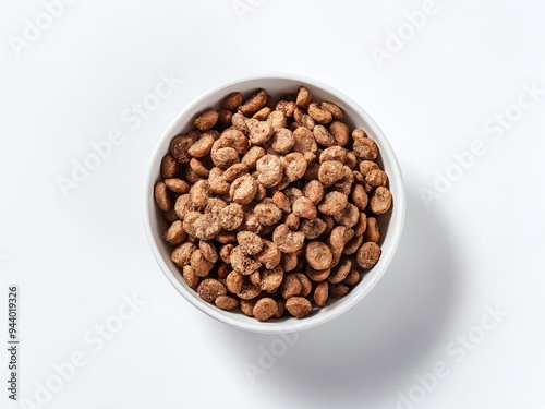 A close-up view of crunchy brown dog food in a white bowl on a plain background