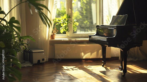 A window filled apartment with a piano
