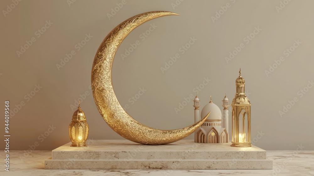 3d Luxury Islamic platform with gold crescent moon, traditional islamic ...