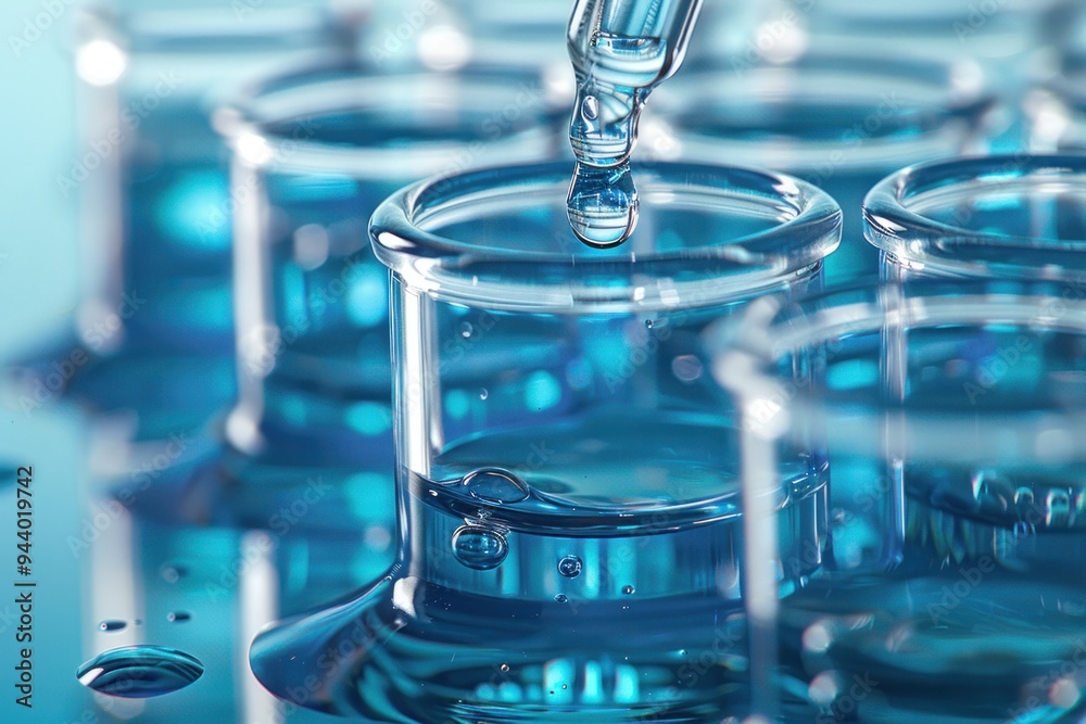 A series of clear glass beakers filled with blue liquid A series of clear glass beakers filled with blue liquid