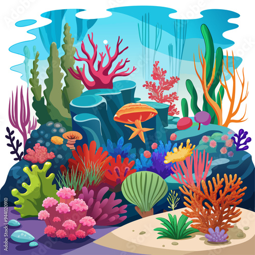 Vibrant Underwater Coral Reef with Starfish and Seaweed