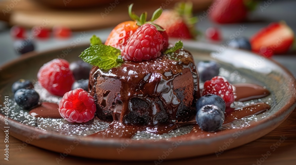Plate of molten chocolate fondant, ice cream slowly melting over it, vibrant berries adding freshness, detailed and inviting, eyelevel shot, warm lighting Plate of molten chocolate fondant, ice cream slowly melting over it, vibrant berries adding freshness, detailed and inviting, eyelevel shot, warm lighting