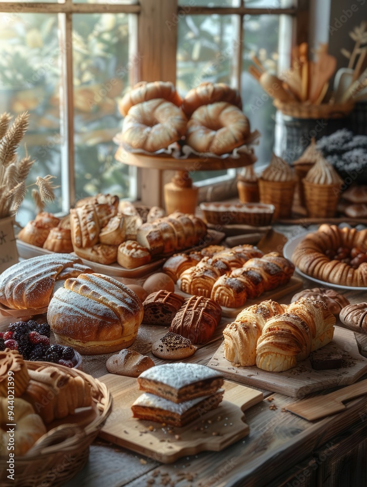Generative AI image of various baked goods on a wooden table, fresh and detailed, soft natural light, eyelevel perspective, inviting and cozy scene