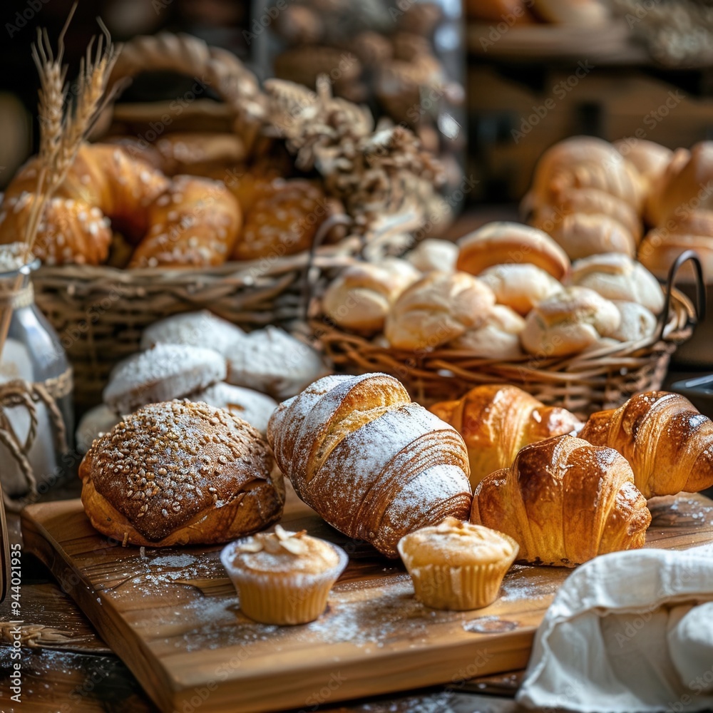 Freshly baked goods on a wooden table, croissants, muffins, and bread, detailed and vibrant, cozy natural light, eyelevel view, rustic and inviting Freshly baked goods on a wooden table, croissants, muffins, and bread, detailed and vibrant, cozy natural light, eyelevel view, rustic and inviting