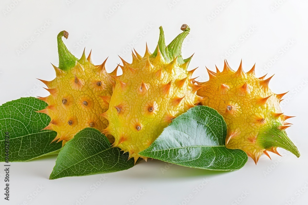 Three yellow, spiky fruits on leaves against a white background. Three yellow, spiky fruits on leaves against a white background.