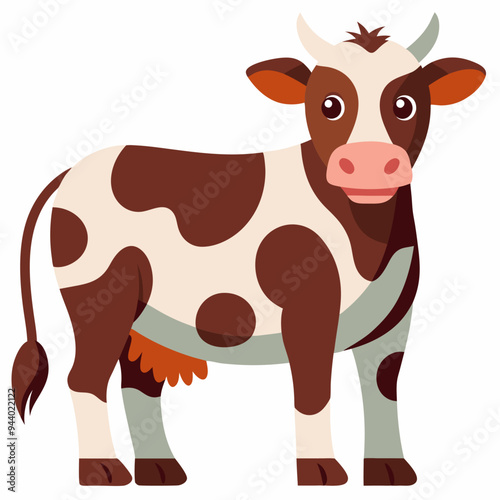 Brown and White Cow with Spots Standing on White Background
